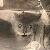 Three Kittens with String, Charming 19th C. Folk Art Sandpaper Drawing, Framed