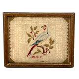 Lovely 1830 Needlepoint of Parrot on Branch with Monogram in Early Frame
