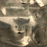 Three Kittens with String, Charming 19th C. Folk Art Sandpaper Drawing, Framed