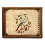 Lovely 1830 Needlepoint of Parrot on Branch with Monogram in Early Frame