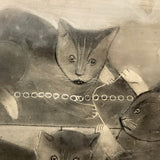 Three Kittens with String, Charming 19th C. Folk Art Sandpaper Drawing, Framed