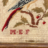 Lovely 1830 Needlepoint of Parrot on Branch with Monogram in Early Frame