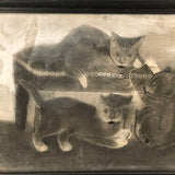 Three Kittens with String, Charming 19th C. Folk Art Sandpaper Drawing, Framed