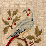 Lovely 1830 Needlepoint of Parrot on Branch with Monogram in Early Frame