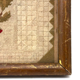 Lovely 1830 Needlepoint of Parrot on Branch with Monogram in Early Frame