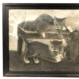 Three Kittens with String, Charming 19th C. Folk Art Sandpaper Drawing, Framed