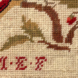 Lovely 1830 Needlepoint of Parrot on Branch with Monogram in Early Frame