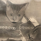 Three Kittens with String, Charming 19th C. Folk Art Sandpaper Drawing, Framed