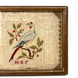 Lovely 1830 Needlepoint of Parrot on Branch with Monogram in Early Frame