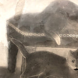 Three Kittens with String, Charming 19th C. Folk Art Sandpaper Drawing, Framed