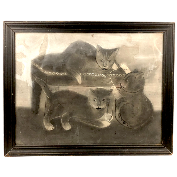 Three Kittens with String, Charming 19th C. Folk Art Sandpaper Drawing, Framed