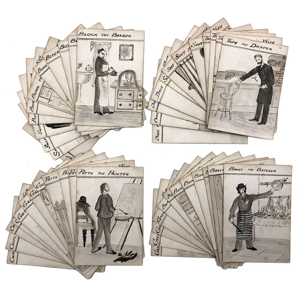 Antique British Hand-drawn Happy Families Deck of 48 Oversize Cards