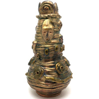 Iridescent Gold Coil Built Pottery Vase with Many Faces