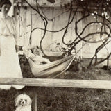 Vines, Hammock, Standing Dog, Man in Motion, Woman in White, Striking Antique Mounted Photograph