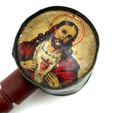 Unusual and Excellent Old Tin Jesus and Mary Rattle