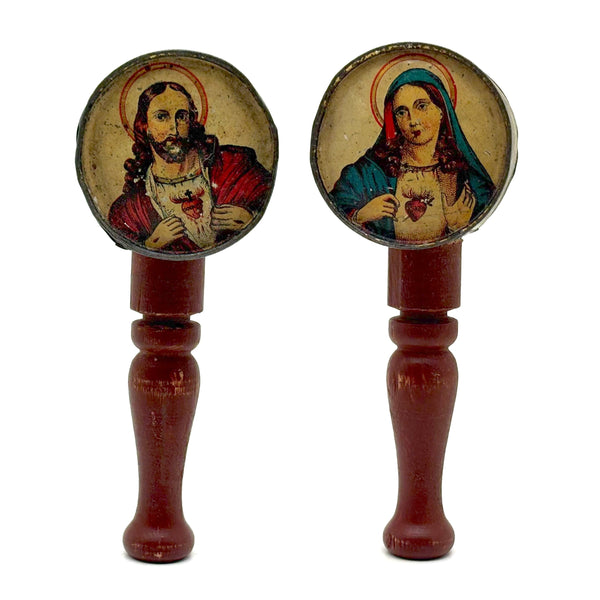 Unusual and Excellent Old Tin Jesus and Mary Rattle