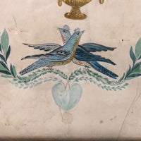 Bluebirds Over Heart Inside Garland, 19th C. Watercolor with Embossed Gold Foil Diecuts
