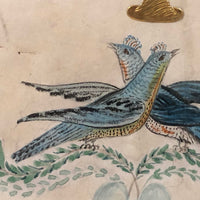 Bluebirds Over Heart Inside Garland, 19th C. Watercolor with Embossed Gold Foil Diecuts