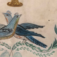 Bluebirds Over Heart Inside Garland, 19th C. Watercolor with Embossed Gold Foil Diecuts
