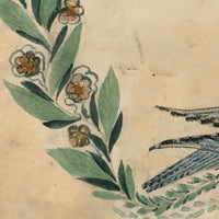 Bluebirds Over Heart Inside Garland, 19th C. Watercolor with Embossed Gold Foil Diecuts