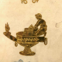 Bluebirds Over Heart Inside Garland, 19th C. Watercolor with Embossed Gold Foil Diecuts
