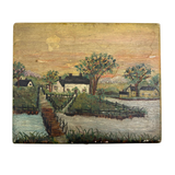 Sweet c. 1930s Folk Art Painted Box with Houses, Dock, and Many Fences