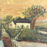 Sweet c. 1930s Folk Art Painted Box with Houses, Dock, and Many Fences