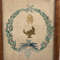 Bluebirds Over Heart Inside Garland, 19th C. Watercolor with Embossed Gold Foil Diecuts