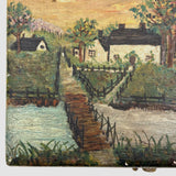 Sweet c. 1930s Folk Art Painted Box with Houses, Dock, and Many Fences