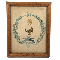 Bluebirds Over Heart Inside Garland, 19th C. Watercolor with Embossed Gold Foil Diecuts