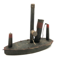 Wonderful Antique Folk Art Boat with Spool Winder in Green and Red Paint