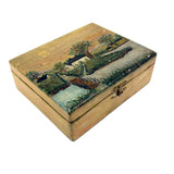 Sweet c. 1930s Folk Art Painted Box with Houses, Dock, and Many Fences