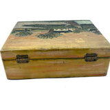 Sweet c. 1930s Folk Art Painted Box with Houses, Dock, and Many Fences