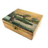 Sweet c. 1930s Folk Art Painted Box with Houses, Dock, and Many Fences