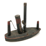 Wonderful Antique Folk Art Boat with Spool Winder in Green and Red Paint