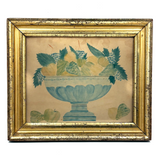 Still Life of Fruits in Soft Blues and Yellows, Mid 19th Century Theorem Watercolor in Period Lemon Gold Frame