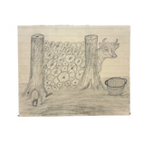 Cow Behind the Log Pile with Basket and Squirrel, Clever Old Naive Graphite Drawing