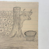 Cow Behind the Log Pile with Basket and Squirrel, Clever Old Naive Graphite Drawing