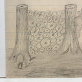Cow Behind the Log Pile with Basket and Squirrel, Clever Old Naive Graphite Drawing