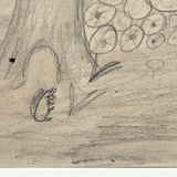 Cow Behind the Log Pile with Basket and Squirrel, Clever Old Naive Graphite Drawing