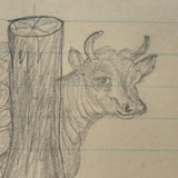 Cow Behind the Log Pile with Basket and Squirrel, Clever Old Naive Graphite Drawing