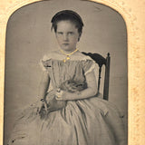 Freckled Girl with Pet Squirrel! Antique Hand-painted Tintype in Original Sleeve (Some Scratches)