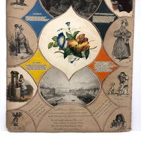 19th C Large Scrapbook Page Composition with Very Fine Botanical Watercolor at Center