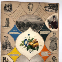 19th C Large Scrapbook Page Composition with Very Fine Botanical Watercolor at Center
