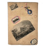 19th C Large Scrapbook Page Composition with Very Fine Botanical Watercolor at Center