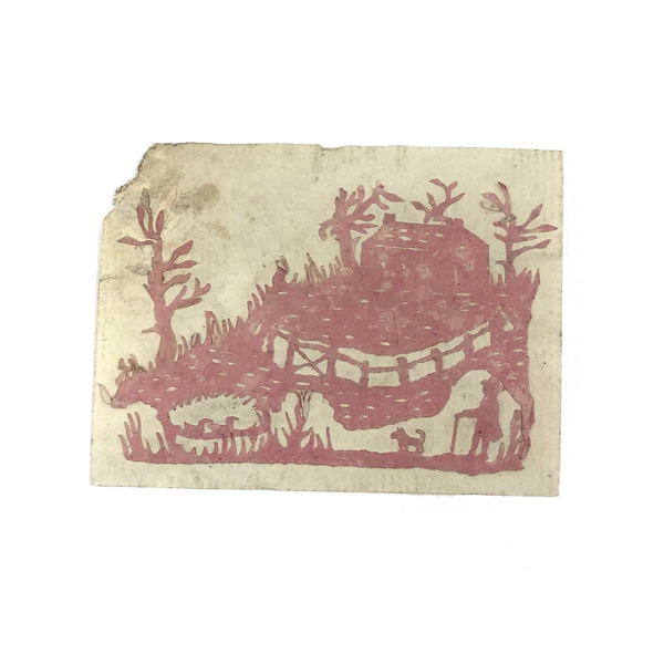 Tiny 19th C. Pink Paper Scherenschnitte, Landscape with House, Man, Dog, Ducks
