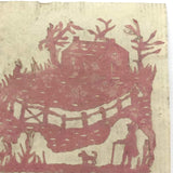 Tiny 19th C. Pink Paper Scherenschnitte, Landscape with House, Man, Dog, Ducks