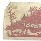 Tiny 19th C. Pink Paper Scherenschnitte, Landscape with House, Man, Dog, Ducks