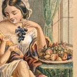 Dangling Grapes, Mother with Child, Very Finely Painted c. 1850s Watercolor on Card