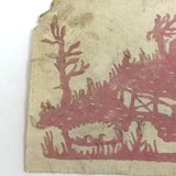 Tiny 19th C. Pink Paper Scherenschnitte, Landscape with House, Man, Dog, Ducks